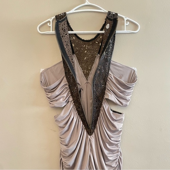 $59✨ Y2K bebe Taupe & Brown Laser Cut Leather Ruched Body-con Dress - Picture 13 of 16